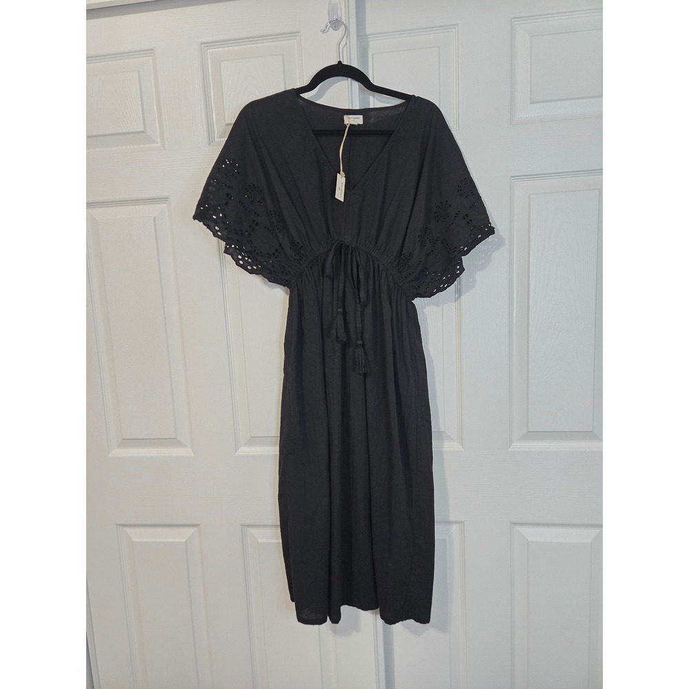 World Market Black Eyelet Flutter Sleeve Midi Dress V-Neck Tassel Tie SM NEW